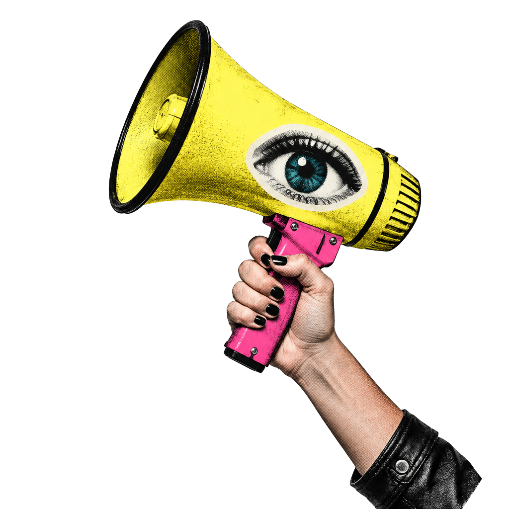A collage of a hand holding a yellow megaphone with an eye sticker